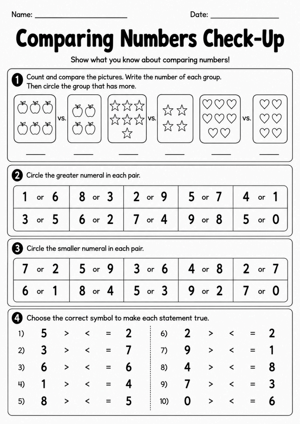 Comparing Numbers Check-Up Worksheet