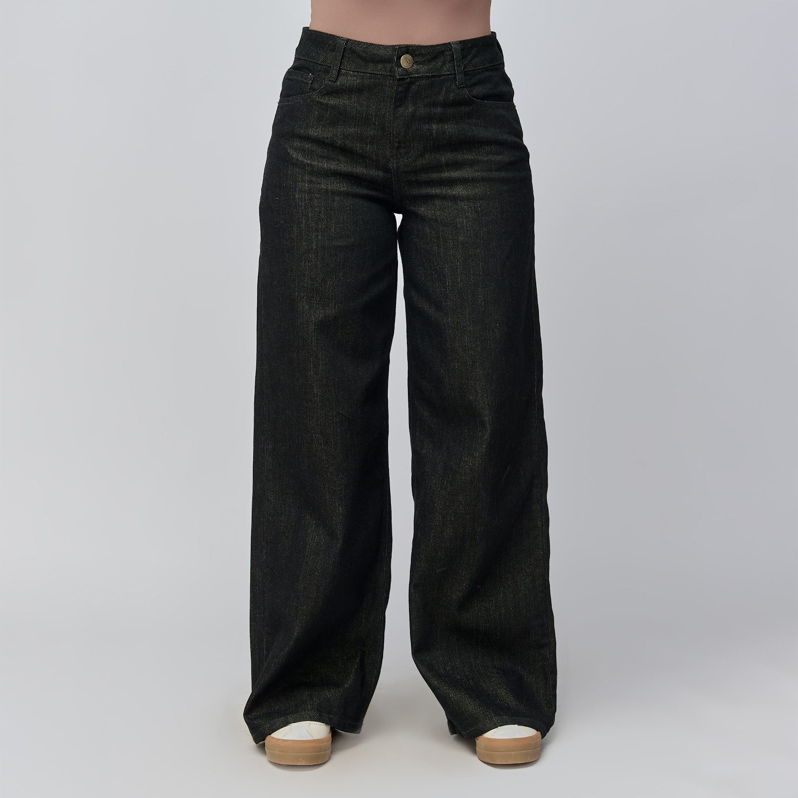 Jean wide leg tiro medio en denim rígido, color golden Black - Vista 7