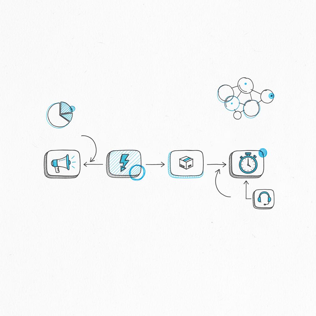 business expert notebook sketch of customer onboarding flow showing activation (lightning) and time-to-first-value (stopwatch) icons, plus product, marketing, and support symbols on white paper