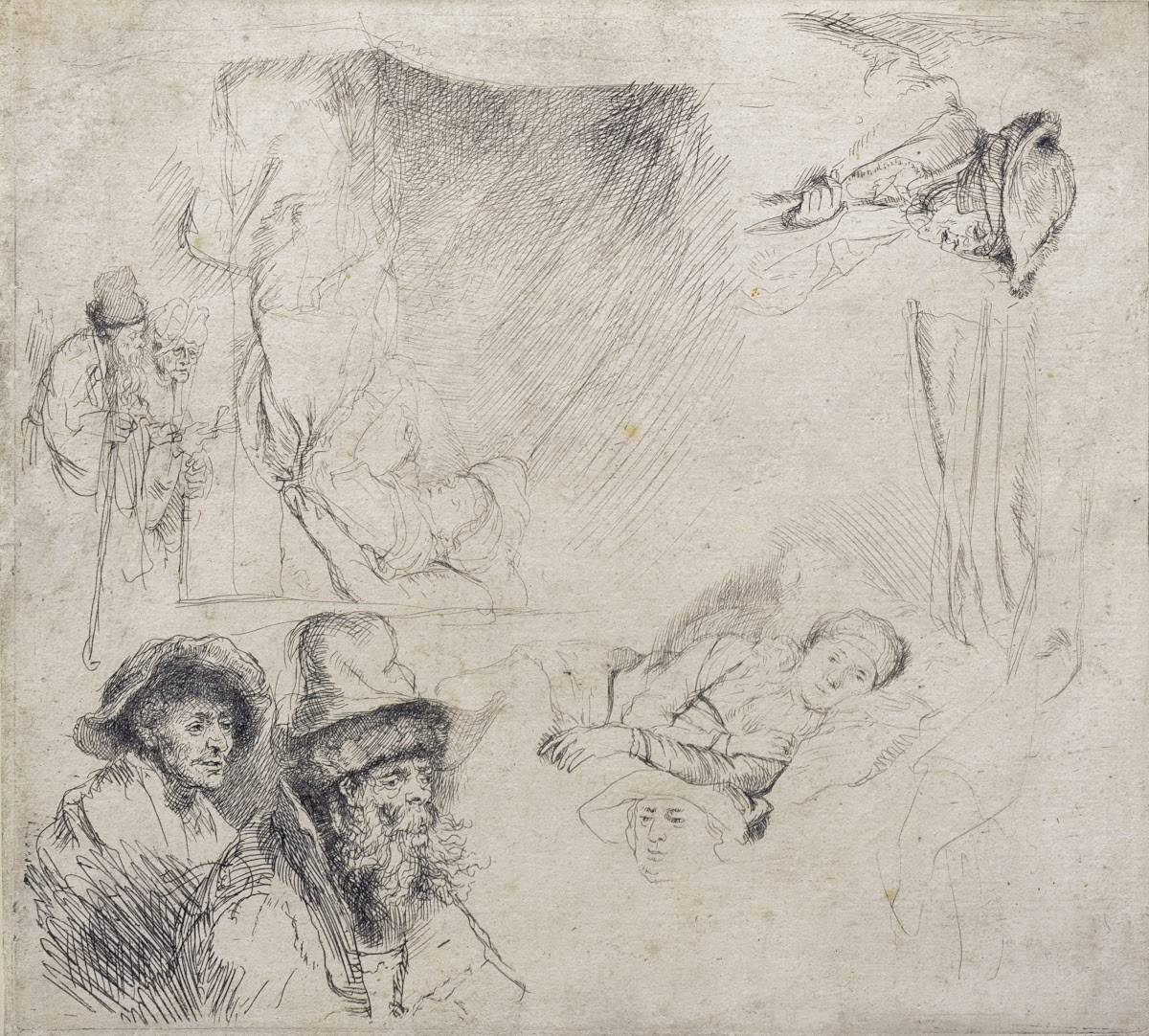 Sheet of Studies with a woman lying ill in bed c1639 1642