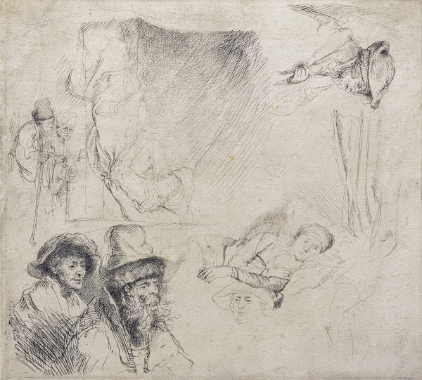 Sheet of Studies with a woman lying ill in bed c1639 1642
