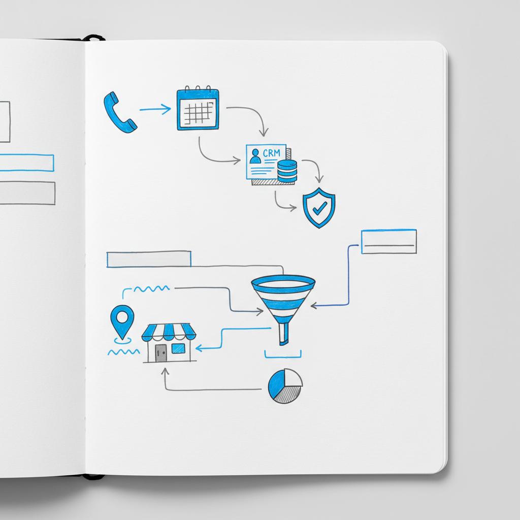 Minimal overhead planner sketch for Google Local Services Ads showing phone-to-calendar flow, CRM icon, trust badge, map pin and funnel on a white minimalist page