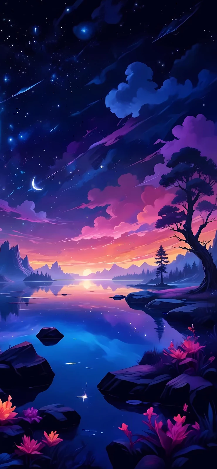 Vibrant Starry Night Over Lake - Digital Art Full HD iPhone Wallpaper (1284x2778)