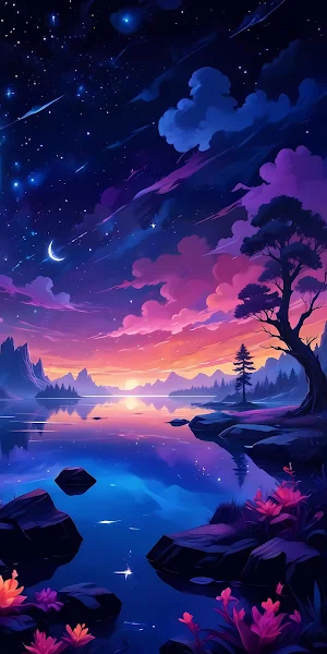 Vibrant Starry Night Over Lake Full HD iPhone Wallpaper Background
