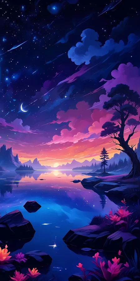 Vibrant Starry Night Over Lake Full HD iPhone Phone Wallpaper