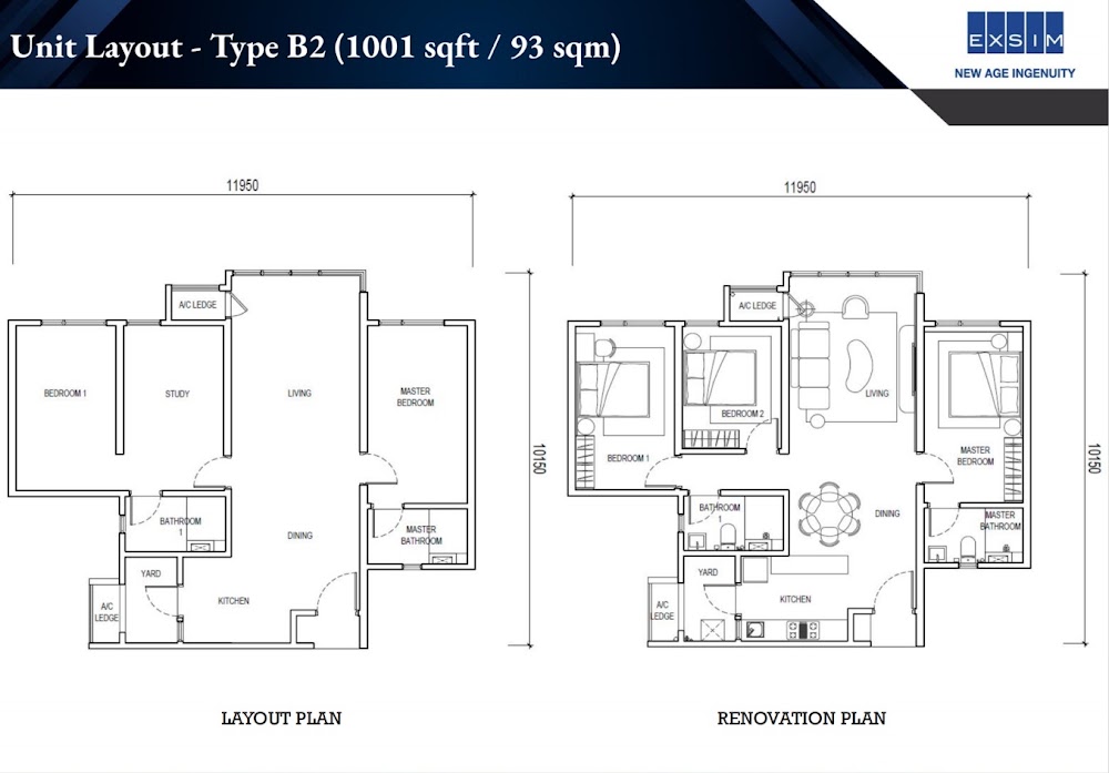 Lighthauz Type B2 floor plan — 1001 sq ft, 3 bedrooms
