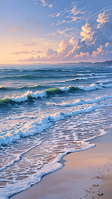 Gentle Ocean Waves Rolling onto Sandy Beach at Sunset - Free mobile Wallpaper