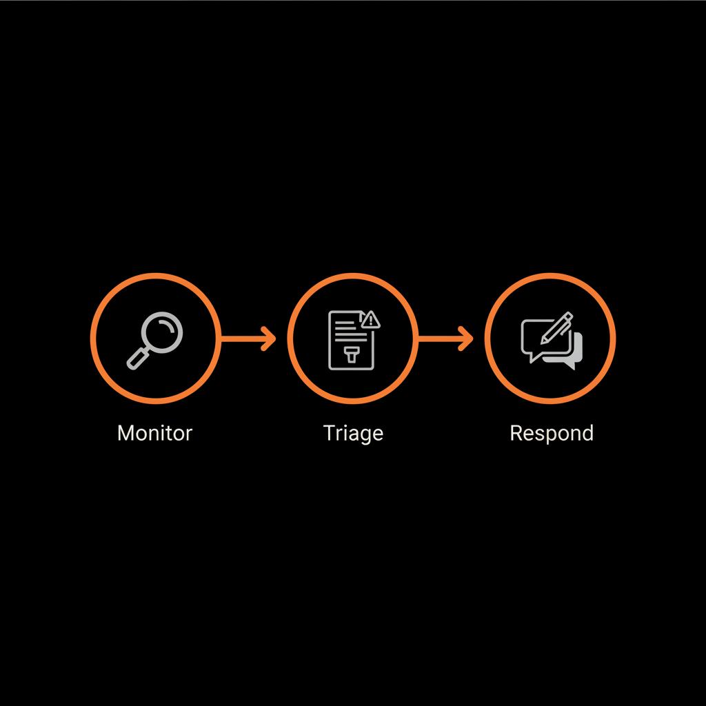 Minimal vector infographic of three linked circles labeled Monitor → Triage → Respond on black background illustrating workflow for handling negative Glassdoor reviews