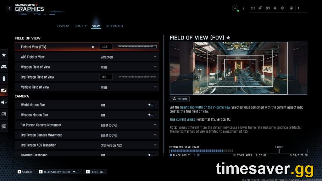 Black Ops 7 in-game Graphics menu showing the Estimated VRAM Usage bar and target — key to fixing micro-stutter on PC