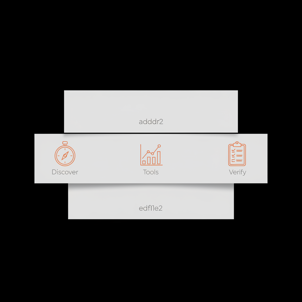 Minimal vector infographic with three layered panels labeled Discover, Tools, Verify with compass, chart, checklist icons on black background; palette #dddddd panels, #edf1e9 text, #dc5c2b accents — hashtags trending now