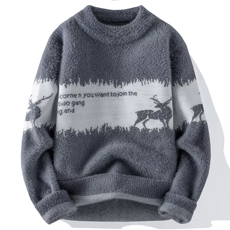 Men's knit sweater with reindeer motif and standing collar