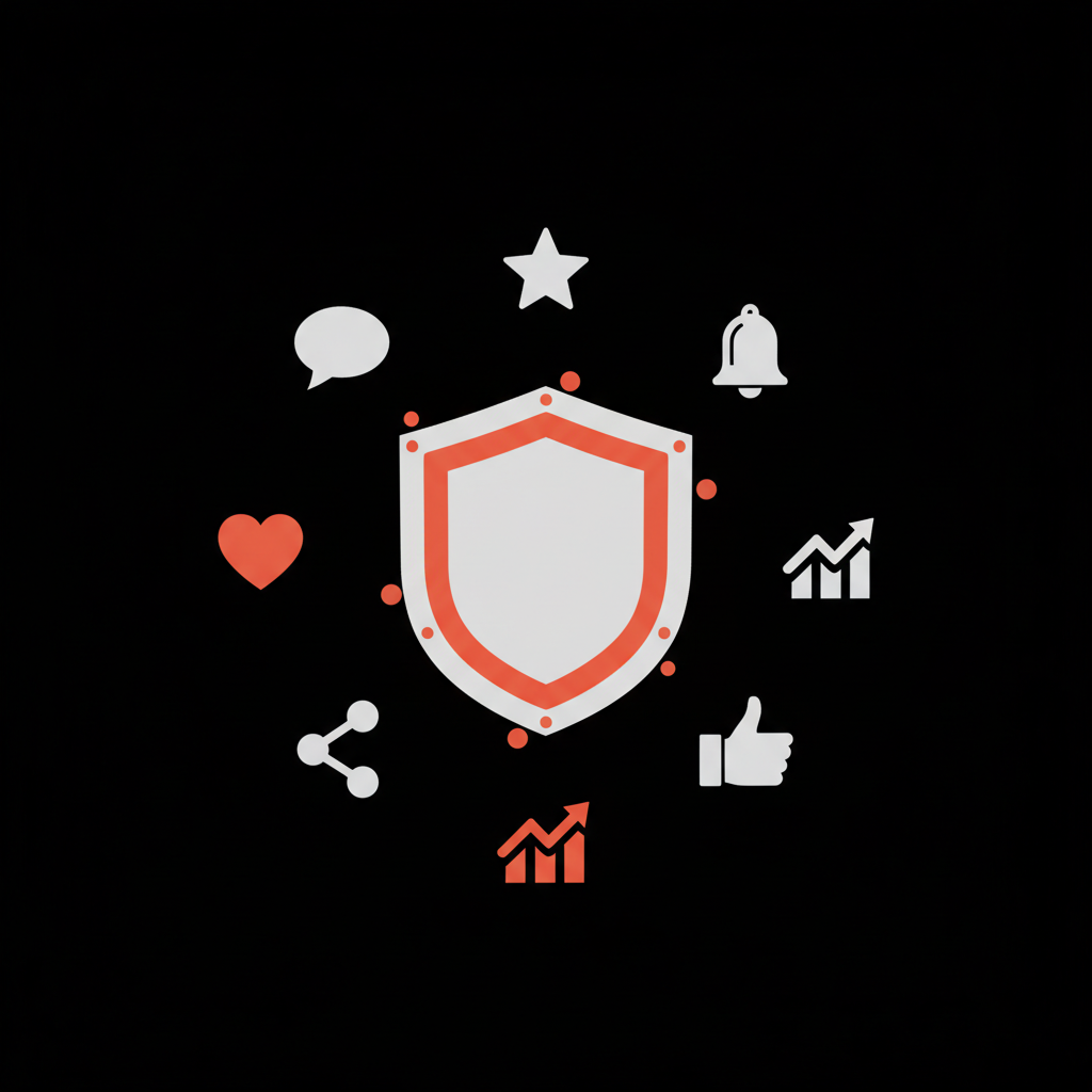 Flat 2D vector infographic of a central shield with surrounding social icons representing reputation and authority for article Who owns TikTok? on a full-bleed black background.