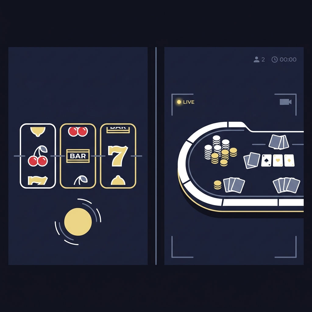 Minimalist 2D vector split image comparing RNG slot interface and live dealer table stream in Funded Plays brand colors betnet ag mobile