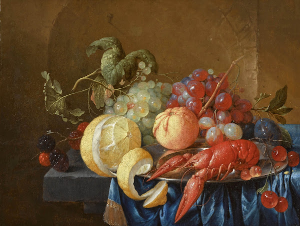 Still life with a crayfish on a pewter dish
