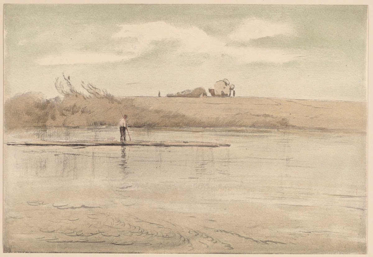 Fisherman on a Raft Cart of Hay Visible in the Distance on the Shore of the Lake
