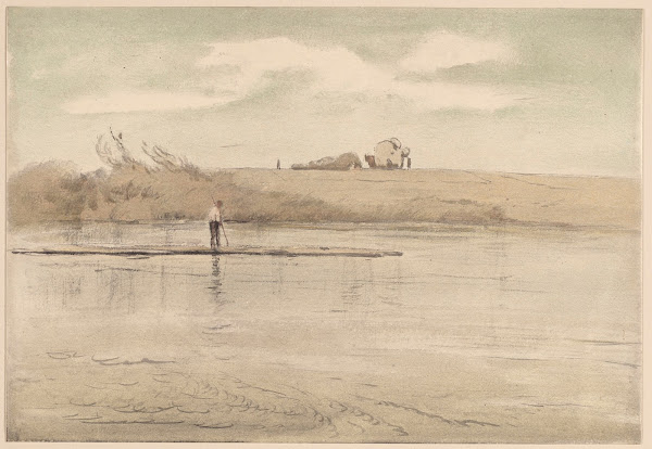 Fisherman on a Raft Cart of Hay Visible in the Distance on the Shore of the Lake