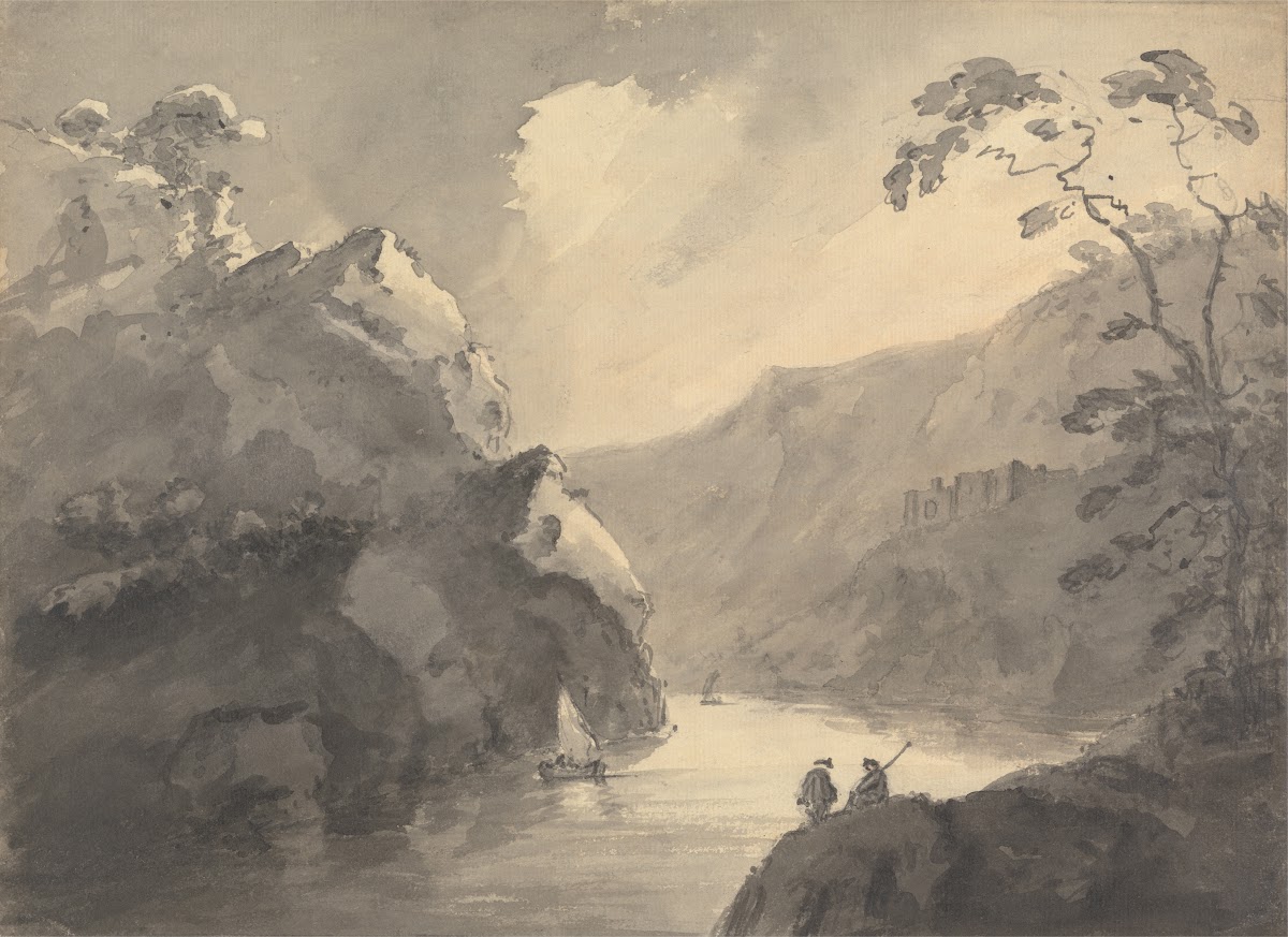 Mountainous landscape with winding river and castle