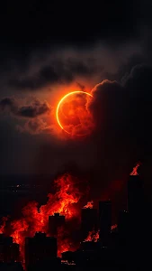 Fiery Eclipse Over Burning City Skyline