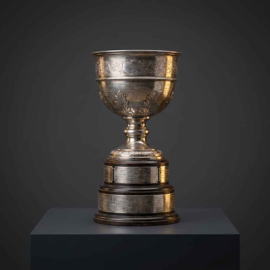 Close up Hart Memorial Trophy on minimalist dark neutral background with soft studio lighting and subtle f5e79d accent reflections realistic product shot for nhl mvp odds