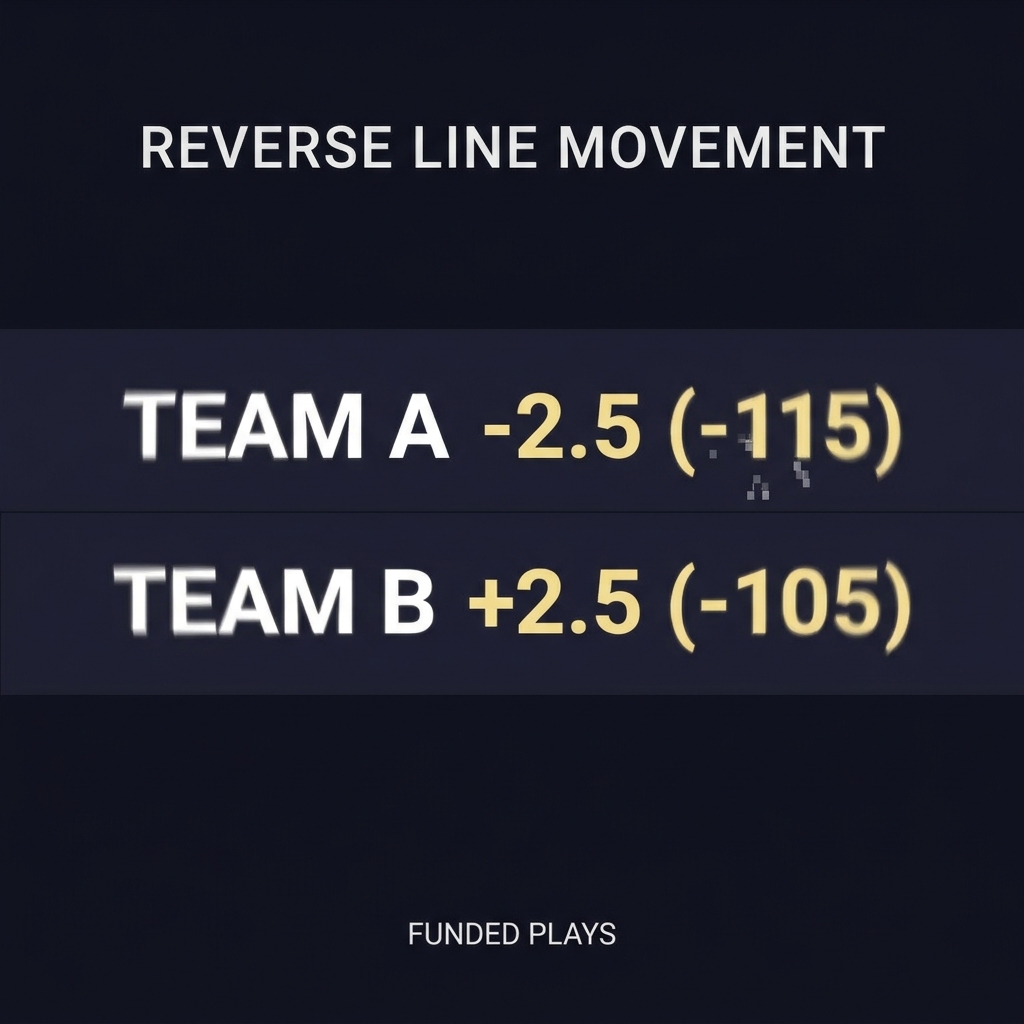 Close up digital odds screen showing a point spread shifting slightly with overlay text reverse line movement in a minimalist Funded Plays style deep navy 10101a and gold accent f5e79d