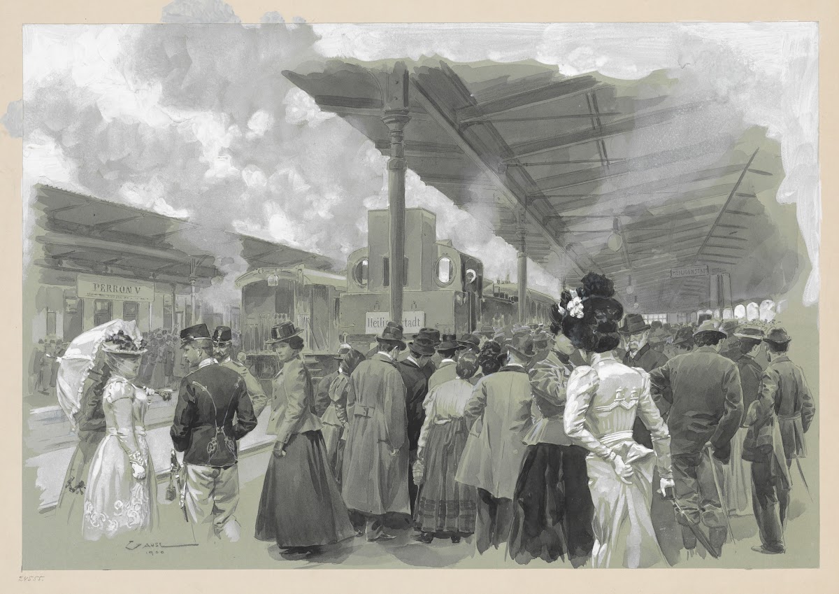 Ankunft  und Abschiedszenen am Perron der Stadtbahn Hütteldorf 1900