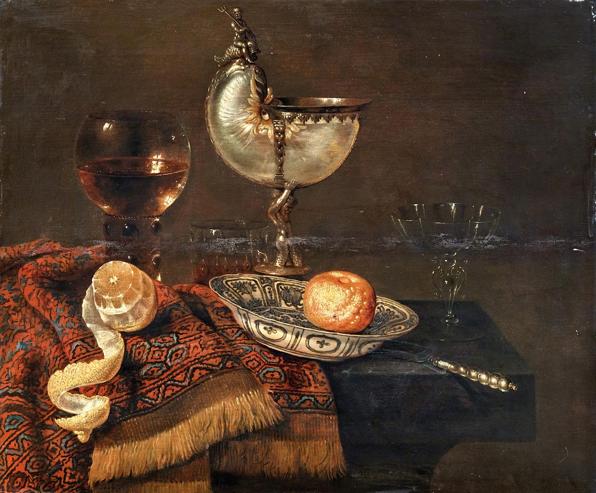 A clementine in a porcelain bowl a nautilus cup a roemer two glasses a knife a p