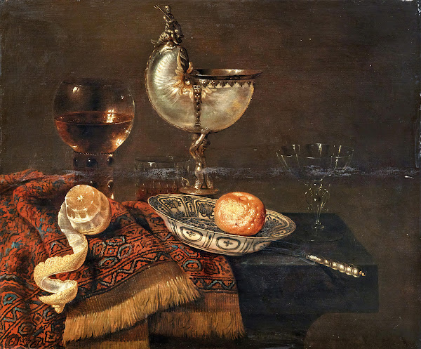 A clementine in a porcelain bowl a nautilus cup a roemer two glasses a knife a p