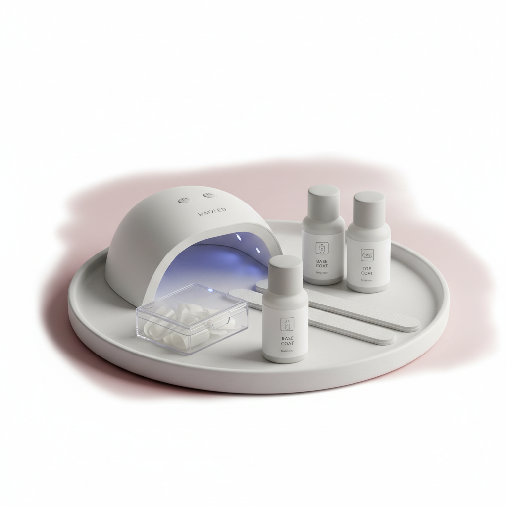 Nahaufnahme eines minimalistischen DIY Gel Nails Starter Kit mit UV/LED‑Lampe, Base &amp; Top Fläschchen, vorgebufften Tips und Feilen auf weißer Keramik