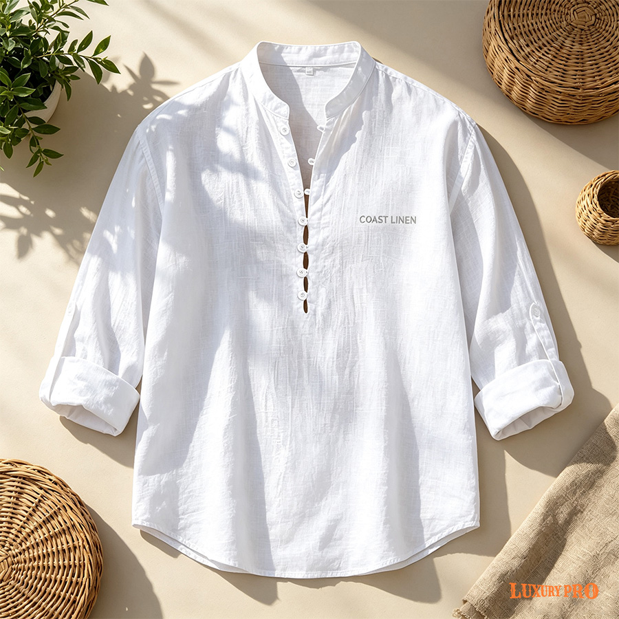 2D‑Linen‑look Stand‑collar Button‑front Shirt