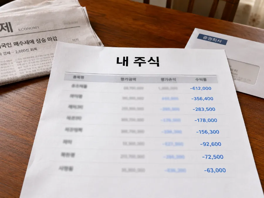 개인 보유 주식 명세서에서 반도체 주도주와 비주도 종목의 손익 차이를 종이 자료로 비교하는 장면