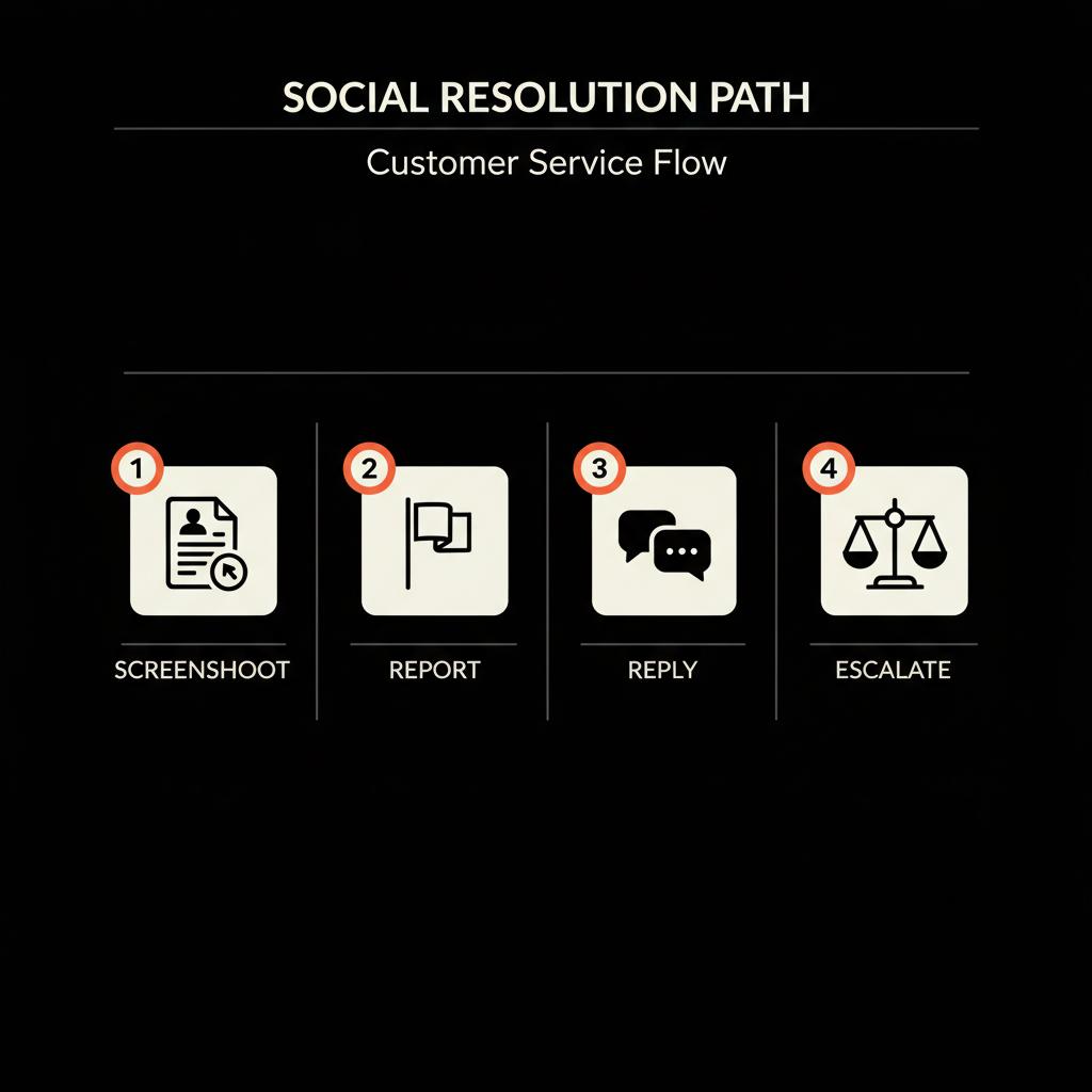 Minimal square infographic with four-step checklist icons (screenshot, report flag, chat reply, scale) on black background in brand colors — how long does it take Google to remove a bad review