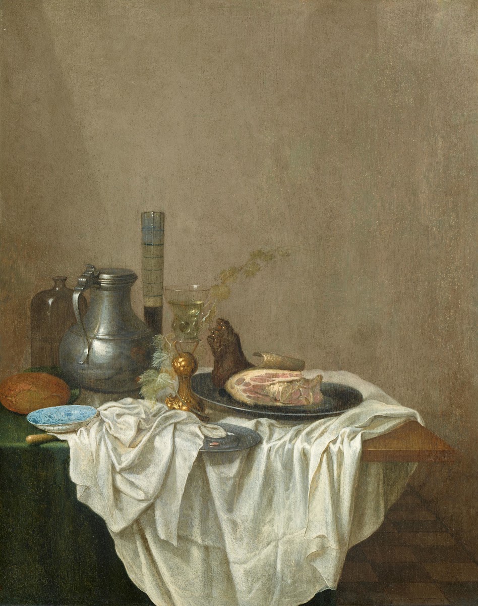 Stillleben mit Zinnkrug Gläsern Schinken und Brot