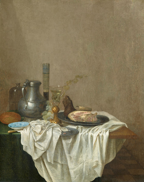 Stillleben mit Zinnkrug Gläsern Schinken und Brot