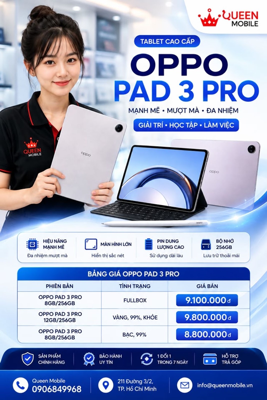 OPPO PAD 3 PRO – TABLET CẤU HÌNH CAO, GIÁ TỪ 8,8 TRIỆU TẠI QUEEN MOBILE 🔥🌿