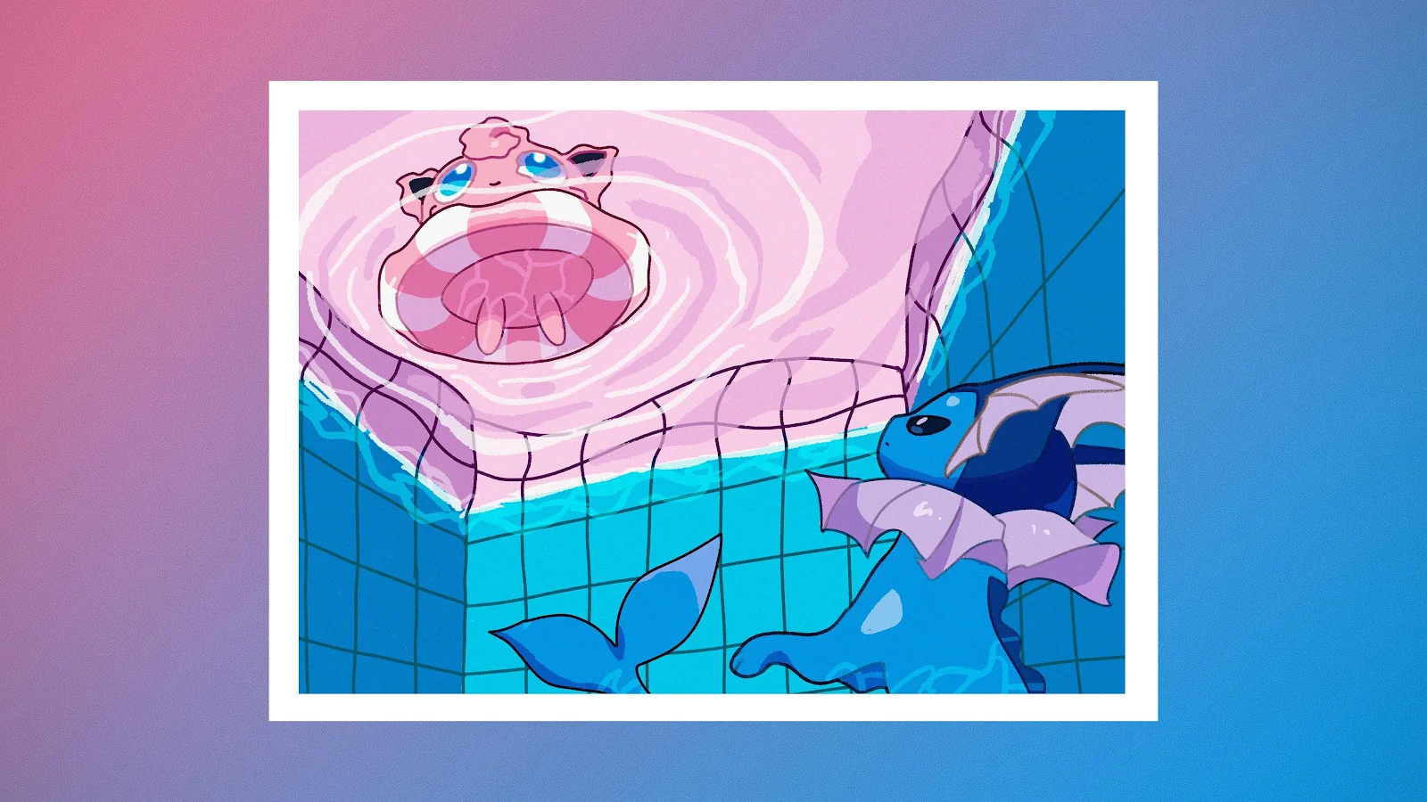 Jigglypuff and Vaporeon Pool Party - Digital Illustration 4K Wallpaper (3840x2160)