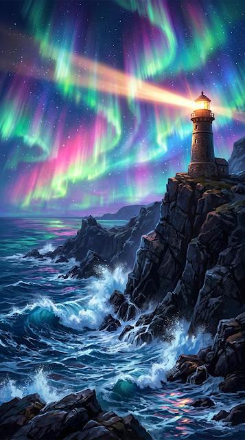 Fantasy Seascape with Vibrant Aurora and Lighthouse on Rugged Cliffs - Free mobile Wallpaper