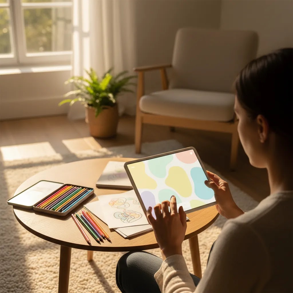 Art therapist Singapore support image showing a gentle self-guided art practice with a mobile art therapy app