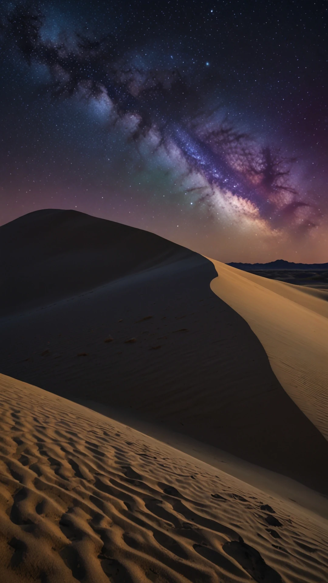 Vibrant Milky Way Galaxy Arching Over Dark Desert Dunes - Free 4K mobile Wallpaper