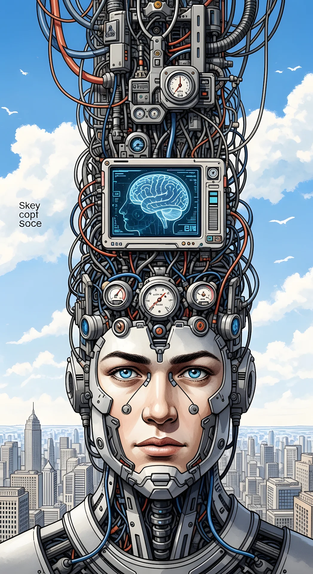 Detailed Cybernetic Humanoid Portrait with Exposed Brain and Machinery in a Cityscape - Free 4K mobile Wallpaper