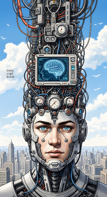 Detailed Cybernetic Humanoid Portrait with Exposed Brain and Machinery in a Cityscape - Free mobile Wallpaper