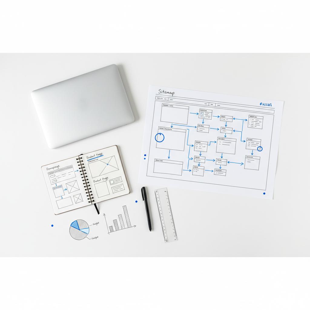 Top-down neat desk with closed laptop, printed sitemap and notebook showing hand-drawn homepage and product page wireframes and a budget sketch highlighting small business website cost planning, blue accents.