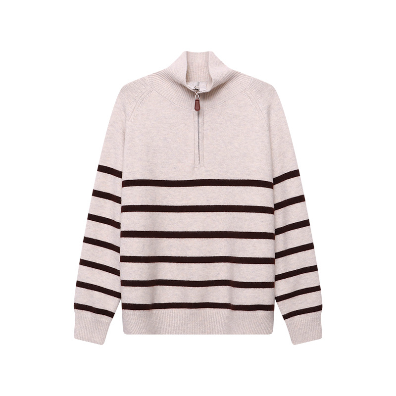 Damen-Strickpullover mit Reißverschluss und Streifenmuster