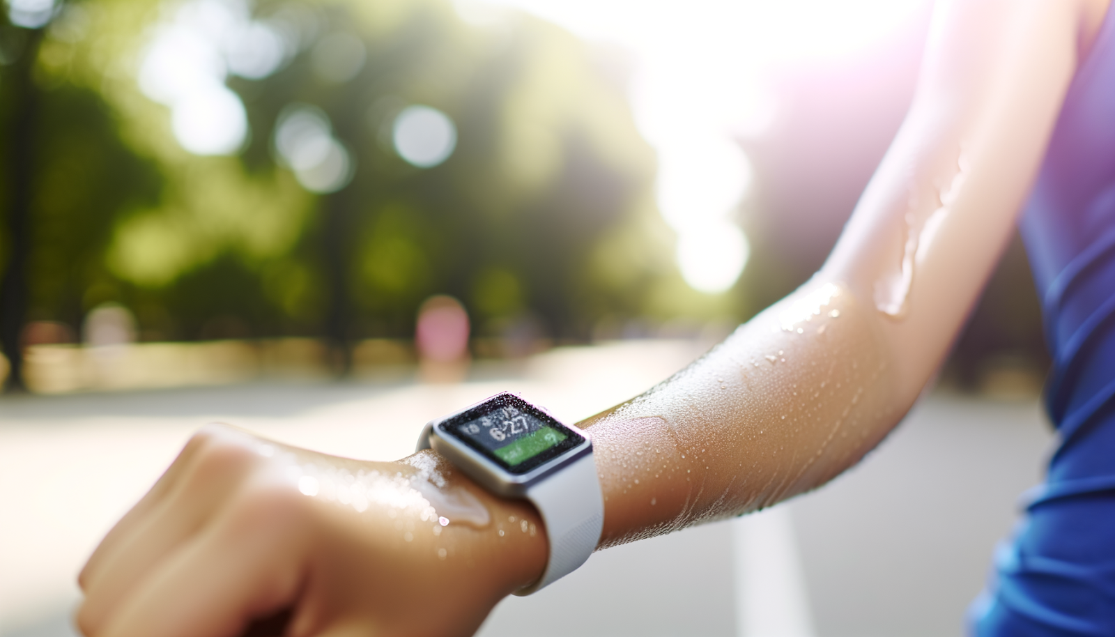 Corredor revisando su reloj deportivo con datos de calorías después de entrenar en un parque