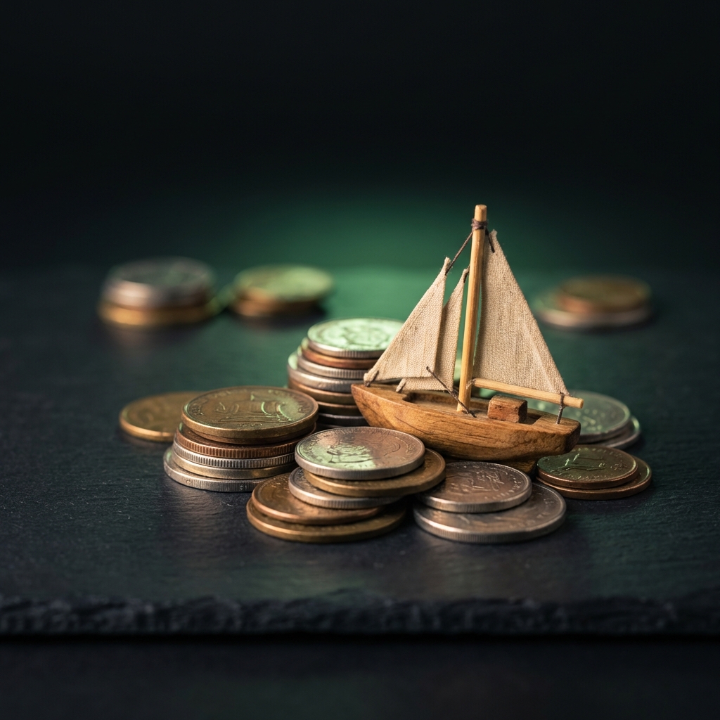 Close up of stacked coins and a small model sailboat on a matte black background evoking investment choices what should a beginner invest in