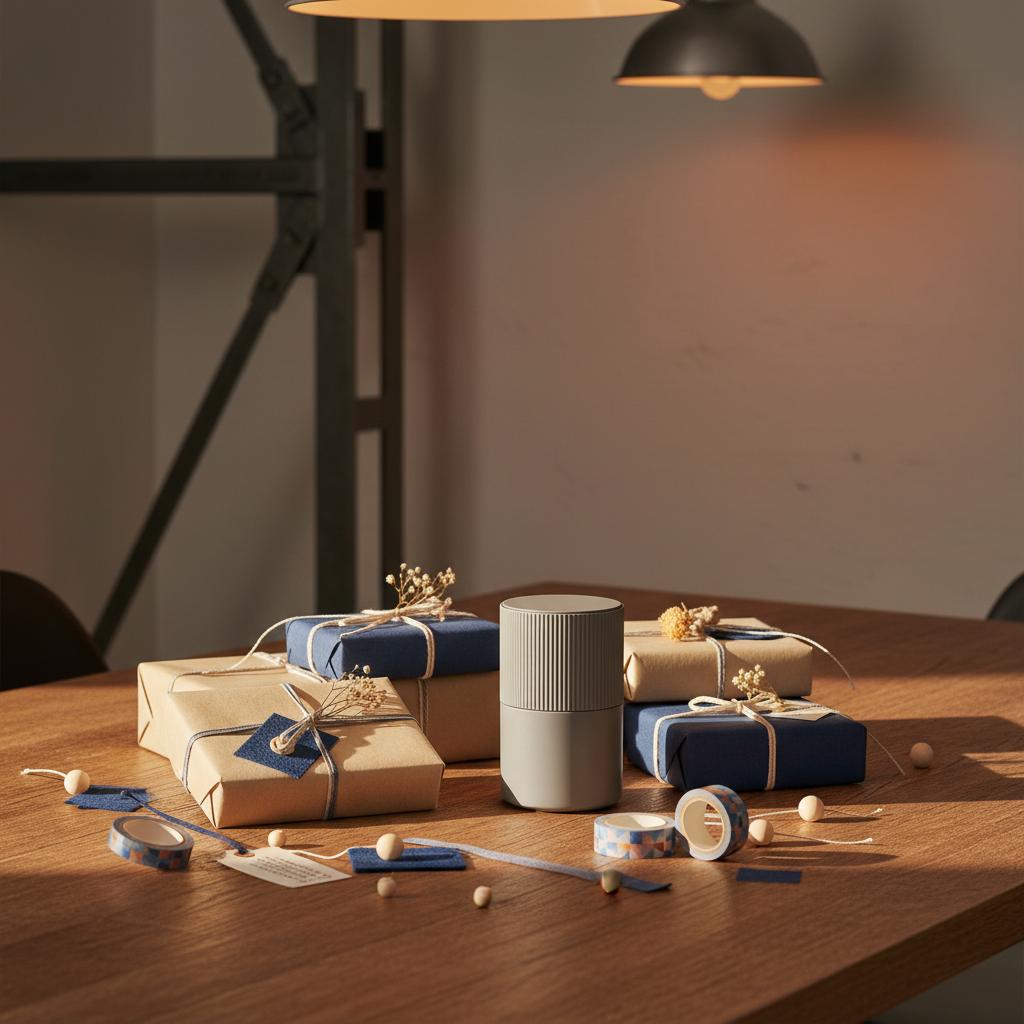 Detailaufnahme eines Esstischs mit liebevoll verpackten Geschenken und Bastelmaterialien – osterideen für kinder, warmes Licht, leichter Industriestil