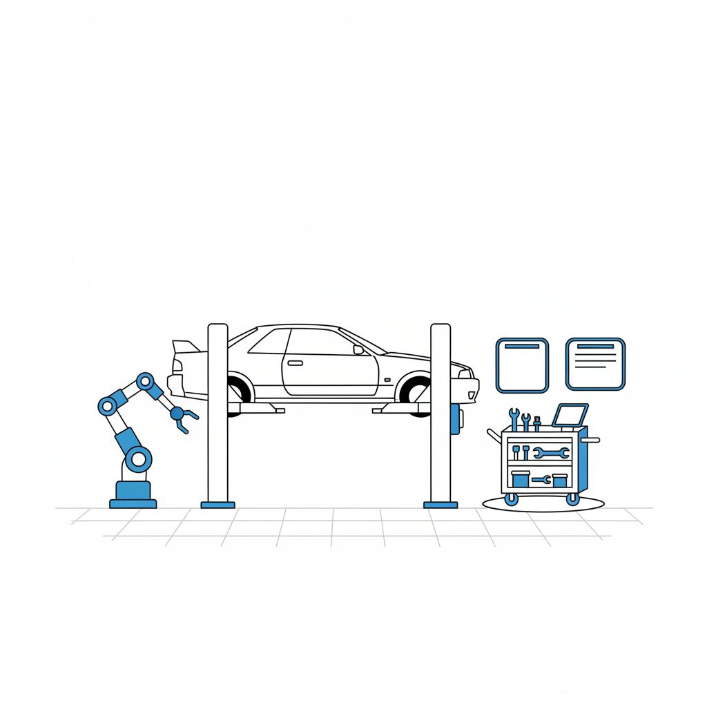 Minimalist 2D vector service bay showing a side silhouette of a Nissan Skyline R34 on a lift with a robotic inspection arm and blank placards in CarFax Deals colors nissan skyline r34 for sale