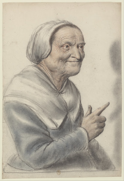 Femme âgée portant une coiffe blanche lindex pointé vue de trois quarts à droite