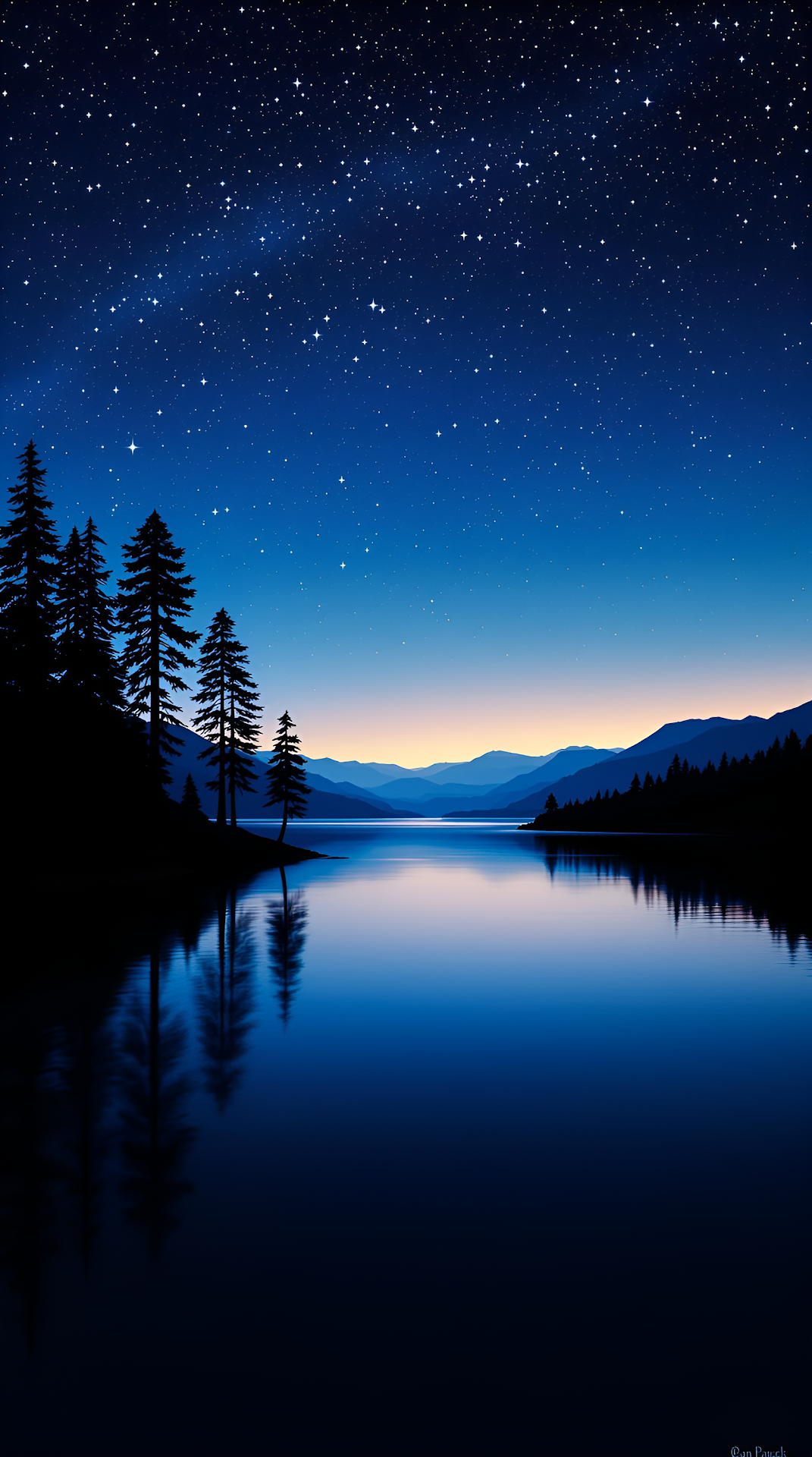 Starry Night Lake Reflection with Pine Trees and Blue Mountains - Free 4K mobile Wallpaper