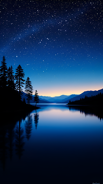 Starry Night Lake Reflection with Pine Trees and Blue Mountains - Free mobile Wallpaper