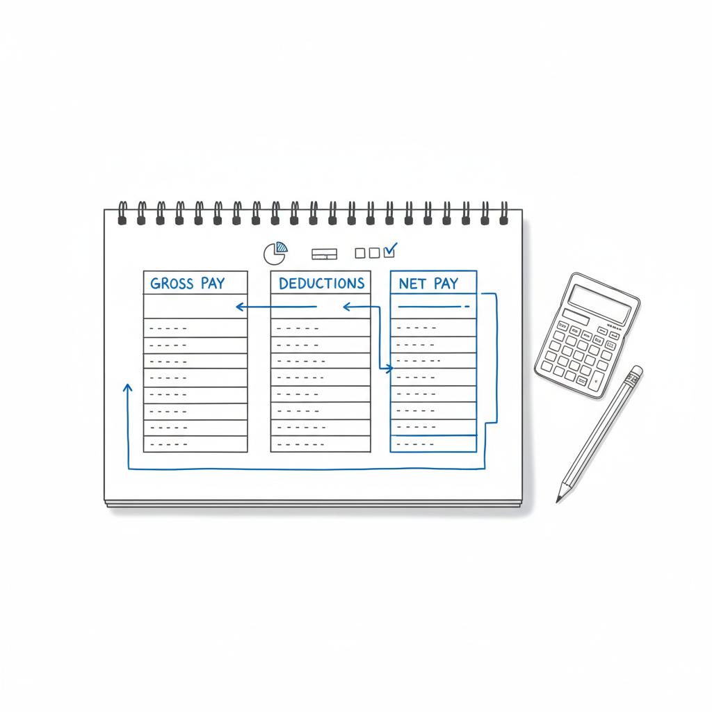 Minimalist sketched UK payslip layout on a white desk with pencil and calculator, blue highlights mark totals and flows &mdash; illustration representing GBP salary meaning